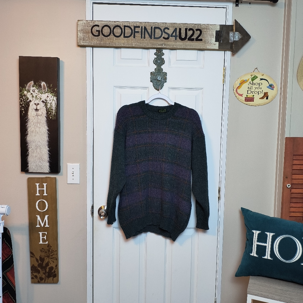 Vintage Billy Kelly Shetland Wool Pullover Sweater SZ XL Green Purple